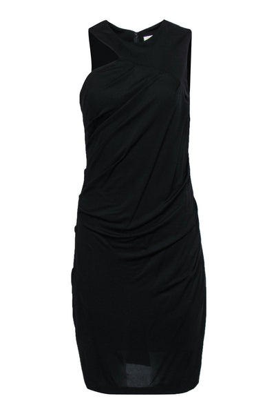 Rayon Shift Sheath Ruched Pleated Asymmetric Side Zipper Round Neck Sheath Dress/Midi Dress