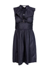 V-neck Pleated Hidden Side Zipper Button Front Sleeveless Dress With Ruffles