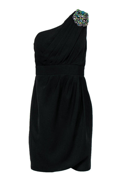 One Shoulder Sleeveless Ruched Jeweled Hidden Back Zipper Sheath Sheath Dress/Little Black Dress