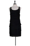 Silk Shift Round Neck Tiered Hidden Back Zipper Racerback Little Black Dress With Ruffles