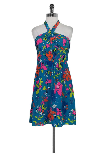 Floral Print Silk Halter Flowy Ruched Back Zipper Dress