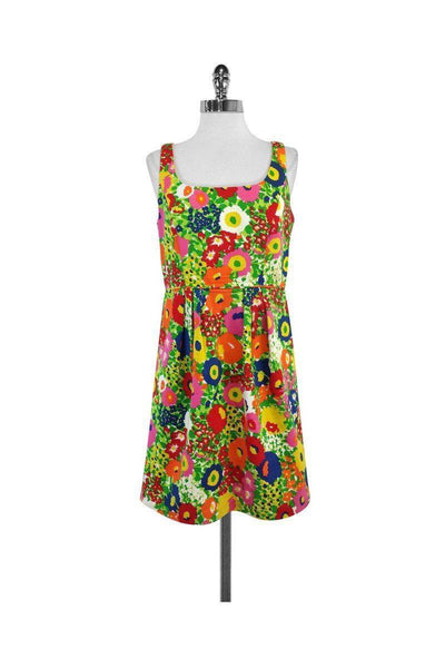 Floral Print Square Neck Cotton Slit Back Zipper Sleeveless Dress