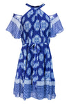 High-Neck Paisley Print Silk Cold Shoulder Sleeves Drawstring Pleated Dress