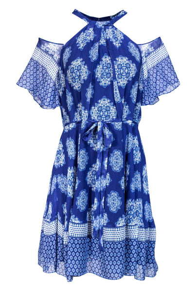 Silk Paisley Print Drawstring Pleated High-Neck Cold Shoulder Sleeves Dress