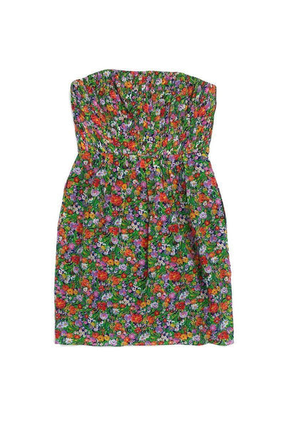 Strapless Floral Print Pocketed Side Zipper Pleated Dress