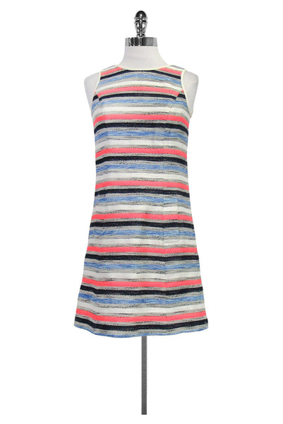 Round Neck Pocketed Back Zipper Sleeveless Striped Print Dress