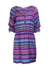 Silk Striped Print 3/4 Sleeves Elasticized Waistline Peasant Dress