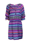 Striped Print Silk Elasticized Waistline 3/4 Sleeves Peasant Dress