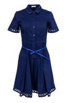 Belted Button Front Pleated Collared Short Sleeves Sleeves Shirt Dress With a Bow(s)