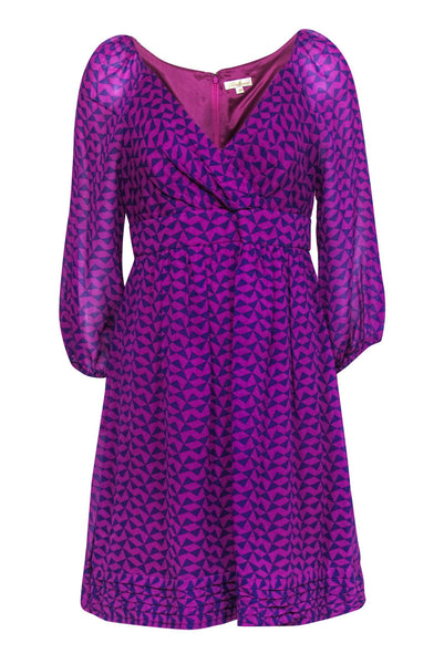 V-neck Puff Sleeves Sleeves Silk Empire Waistline Geometric Print Dress