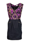 V-neck Sheath Paisley Print Pleated Pocketed Illusion Sheath Dress