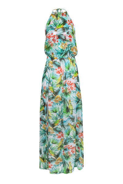 Tropical Print Elasticized Waistline Halter Polyester Beach Dress/Maxi Dress