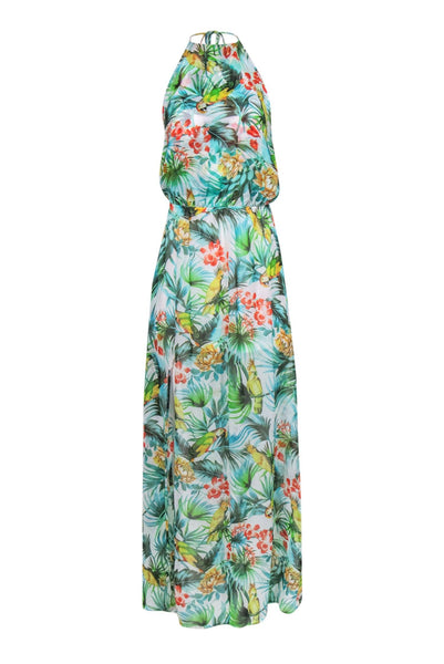 Tropical Print Polyester Halter Elasticized Waistline Beach Dress/Maxi Dress