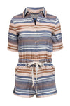 Collared Pocketed Drawstring Button Front Short Sleeves Sleeves Striped Print Cotton Romper