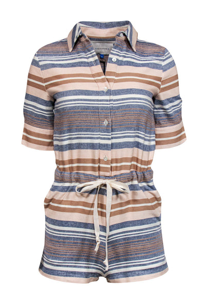 Button Front Drawstring Pocketed Short Sleeves Sleeves Cotton Striped Print Collared Romper