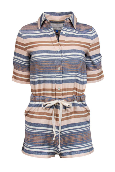 Drawstring Button Front Pocketed Collared Cotton Short Sleeves Sleeves Striped Print Romper