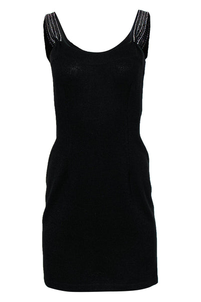 Hidden Back Zipper Sleeveless Scoop Neck Trim Knit Bodycon Dress/Little Black Dress With Rhinestones