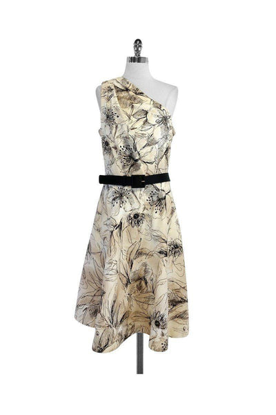 Floral Print Cotton One Shoulder Belted Pocketed Hidden Side Zipper Pleated Full-Skirt Dress