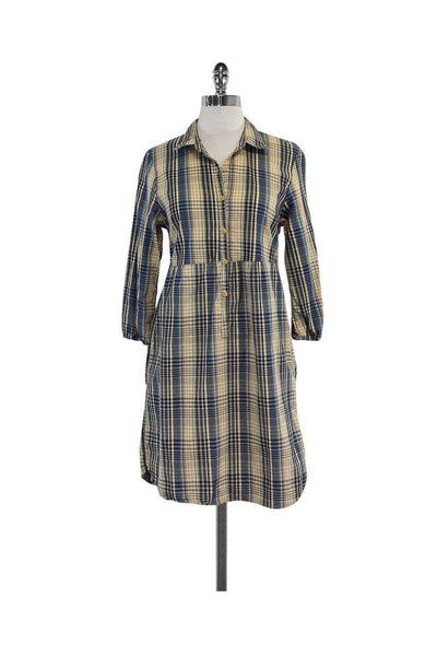 Collared Plaid Print Cotton Button Front Pocketed Shirt Dress