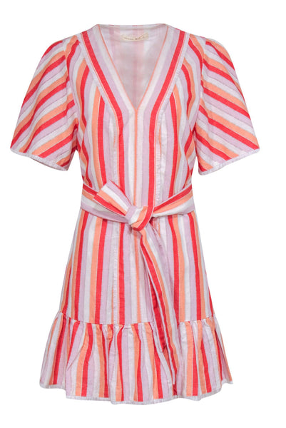 Tall Belted Short Sleeves Sleeves Striped Print Shift Beach Dress