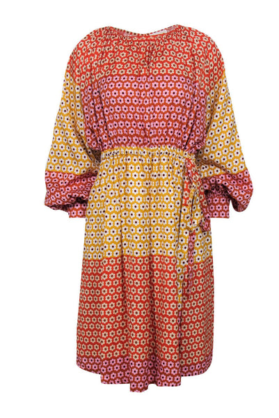 Round Neck Cutout Belted Vintage Colorblocking Viscose Tie Waist Waistline Long Sleeves Floral Print Midi Dress