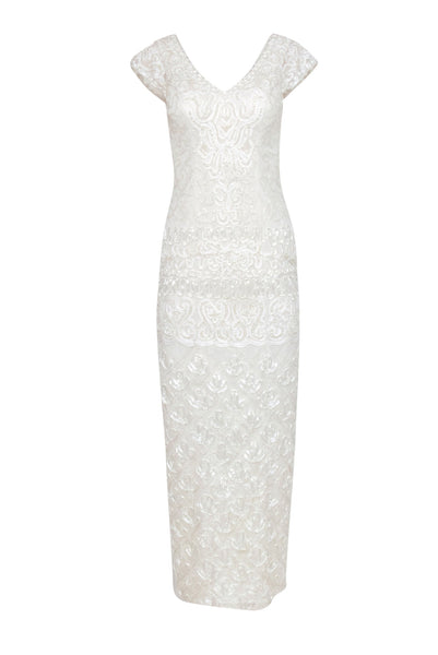 V-neck Hidden Side Zipper Sequined Beaded Sheath Cap Sleeves Lace Sheath Dress With a Ribbon