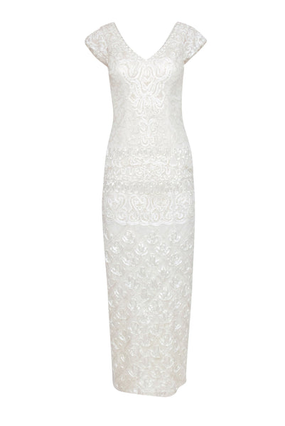 V-neck Lace Beaded Sequined Hidden Side Zipper Sheath Cap Sleeves Sheath Dress With a Ribbon