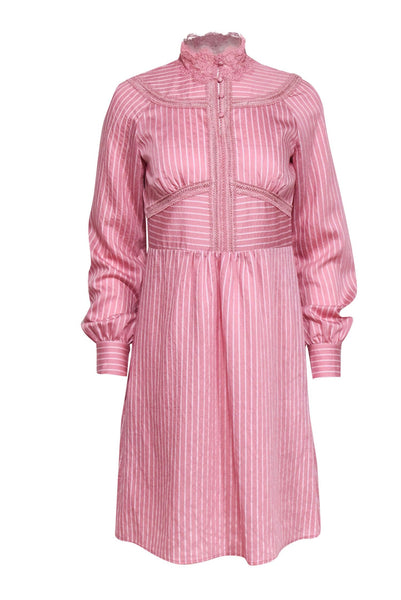 Long Sleeves Striped Print Shift Hidden Side Zipper Embroidered Button Front Cotton Collared Midi Dress