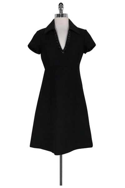 Sophisticated A-line Collared Short Sleeves Sleeves Beaded Trim Pocketed Dress