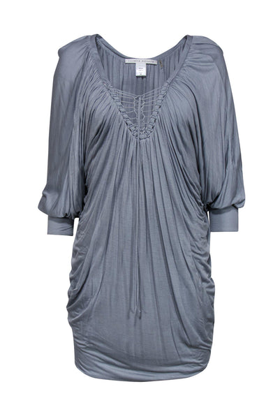Shift Dolman Sleeves Pocketed Lace-Up Draped Plunging Neck Rayon Tunic