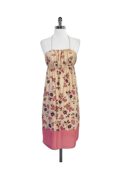 Halter Silk Gathered Pocketed Empire Waistline Floral Print Dress