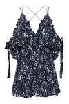 Plunging Neck Cold Shoulder Puff Sleeves Sleeves Summer Ruffle Trim Viscose General Print Dress