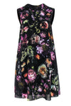 Collared Mock Neck Floral Print Sheer V Back Shift Polyester Dress