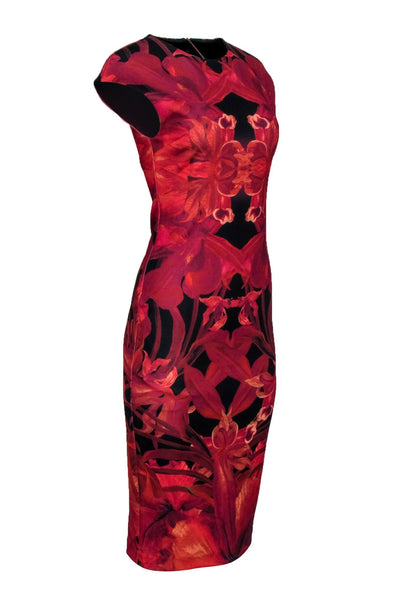 Sophisticated Sheath Floral Print Cap Sleeves Round Neck Cocktail Sheath Dress