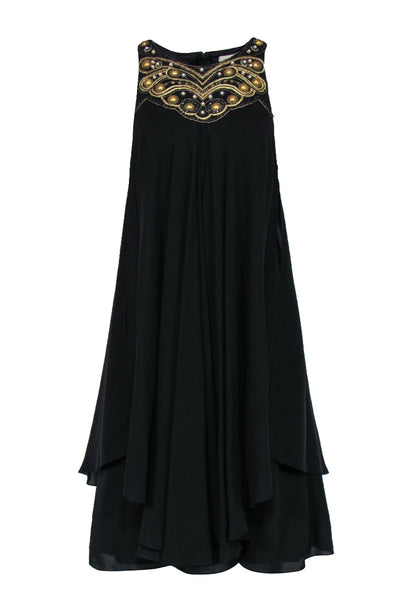 Round Neck Draped Beaded Shift Silk Dress With Rhinestones