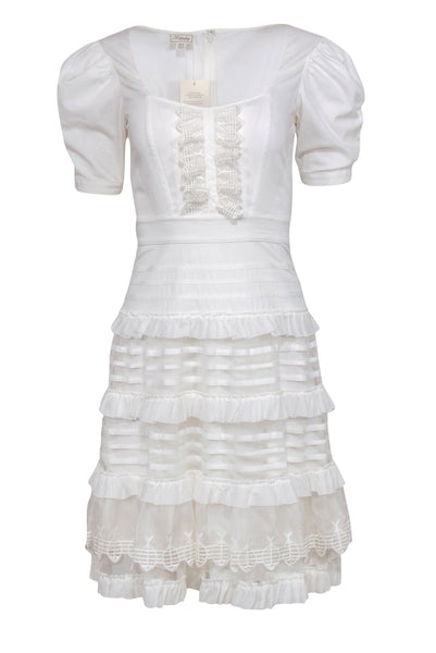 A-line Square Neck Mesh Embroidered Summer Puff Sleeves Sleeves Cotton Short Dress With Ruffles