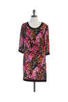 Shift 3/4 Sleeves Abstract Print Leather Trim Silk Gathered Dress