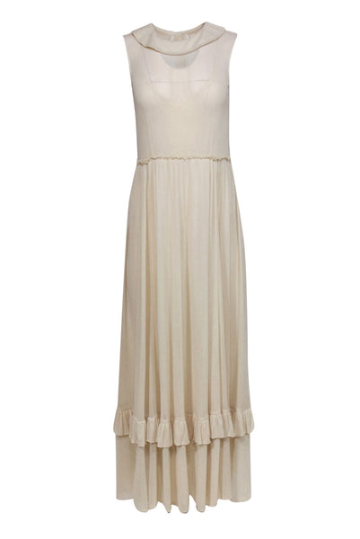 Sleeveless Silk Collared Ruffle Trim Spring Flowy Mesh Maxi Dress