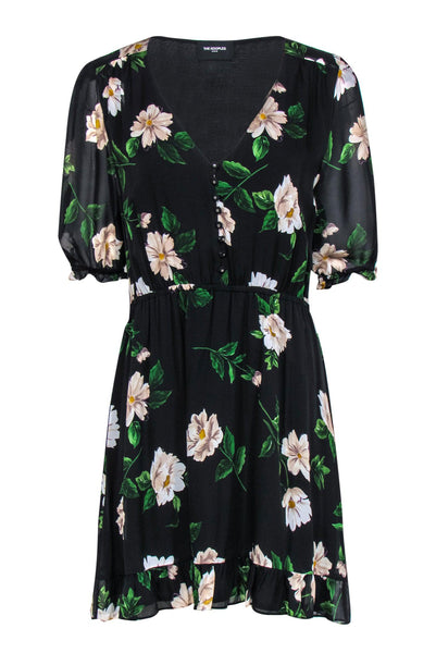 V-neck Elasticized Waistline Short Sleeves Sleeves Fit-and-Flare Fitted Button Closure Silk Floral Print Dress With Ruffles