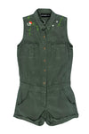 Button Front Embroidered Pocketed Flower(s) Cutout Sleeveless Collared Romper