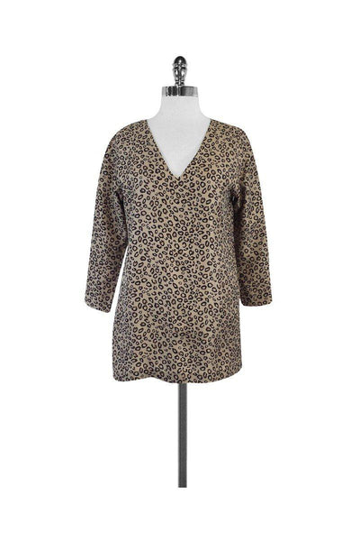 V-neck Animal Leopard Print Shift Long Sleeves Tunic