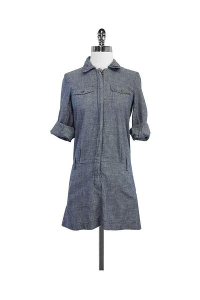 3/4 Sleeves Front Zipper Pocketed Cotton Shirt Dress