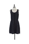 Striped Print Sleeveless Gathered Button Front Scoop Neck Dress