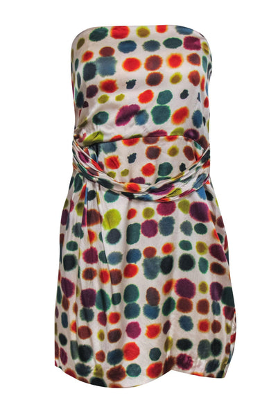 Strapless Polka Dots Print Shift Hidden Side Zipper Summer Above the Knee Dress With a Sash