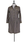 Cotton Pocketed Belted Button Front Gathered Plaid Print Shirt Dress
