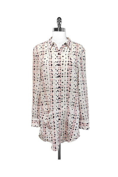 V-neck Above the Knee Silk Abstract Print Button Front Pocketed Shirt Dress