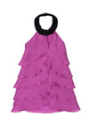 Silk Jeweled Neck Halter Button Closure Side Zipper Backless Tiered Dress