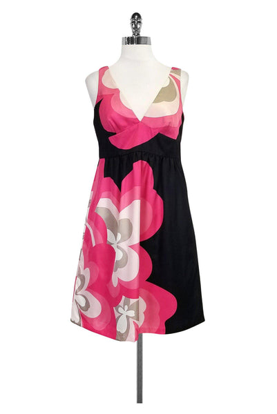 V-neck Empire Waistline Side Zipper Pocketed Floral Print Silk Dress
