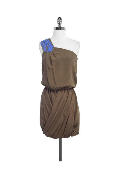 One Shoulder Silk Elasticized Waistline Beaded Hidden Side Zipper Draped Bubble Dress Dress