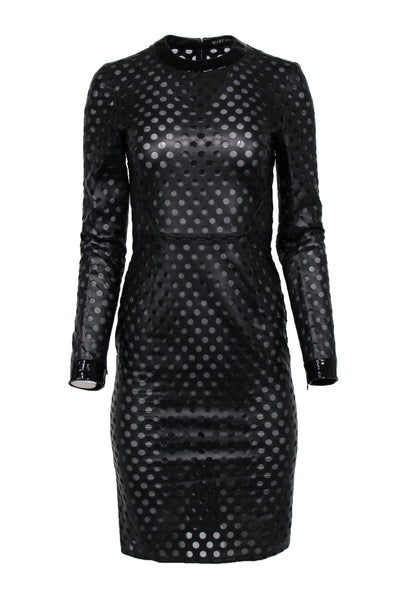 Sexy Long Sleeves Silk Polka Dots Print Crew Neck Back Zipper Slit Fitted Leather Trim Evening Dress